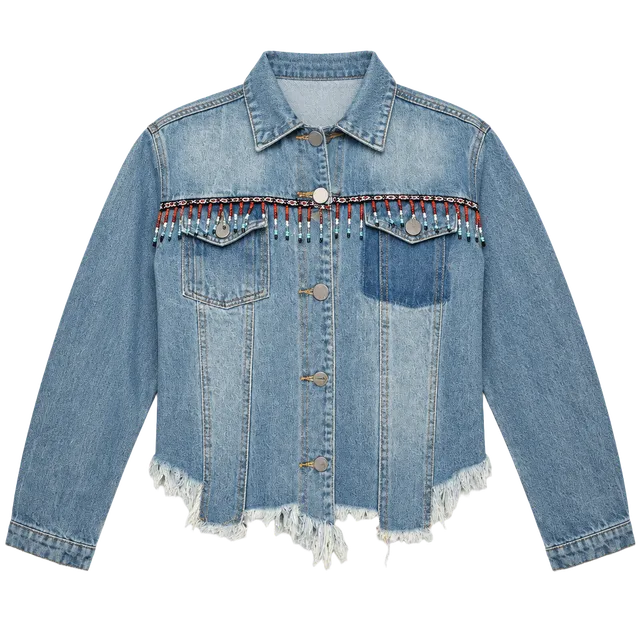 POL Beaded Fringe Denim Jacket Size M Blue Distressed Raw Hem