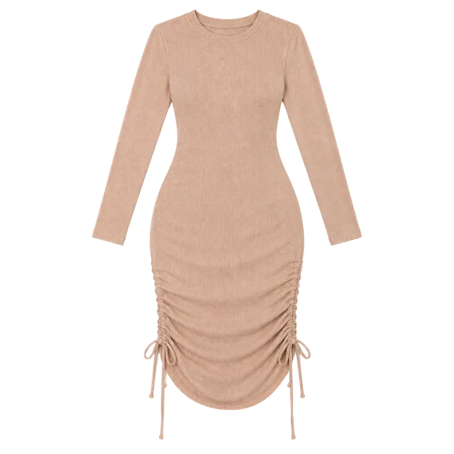 ACOA Beige Ribbed Midi Dress Women’s L Ruched Side Drawstring Bodycon
