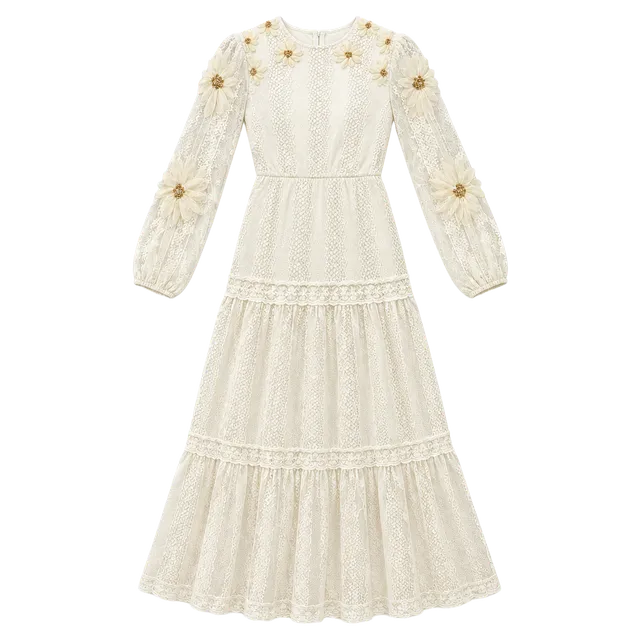 Vintage Long Sleeve Lace Floral Applique Maxi Dress Cream
