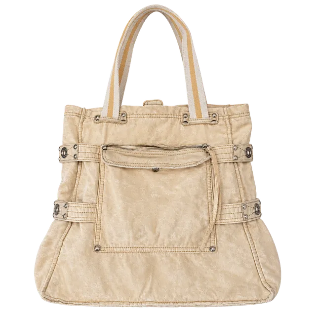 GAP Cream Canvas and Leather Tote with Front Zip Pocket and Striped Handles