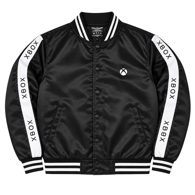 Meta Threads Xbox Tape Bomber Jacket Size Small Black Satin