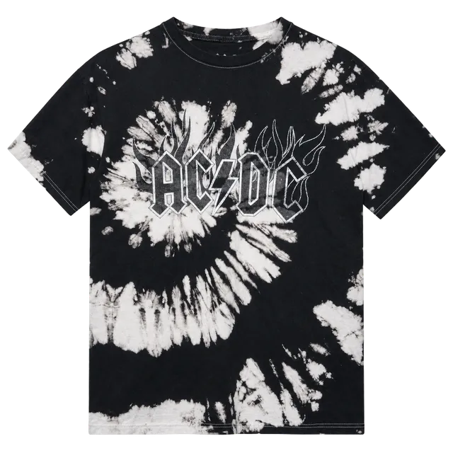 AC/DC Band T-Shirt Size L Black Off-White Tie Dye Bleach Swirl Flame Logo