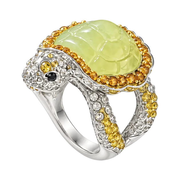Turtle Cocktail Ring with Genuine Prehnite Gemstone and Yellow Accents | Silver