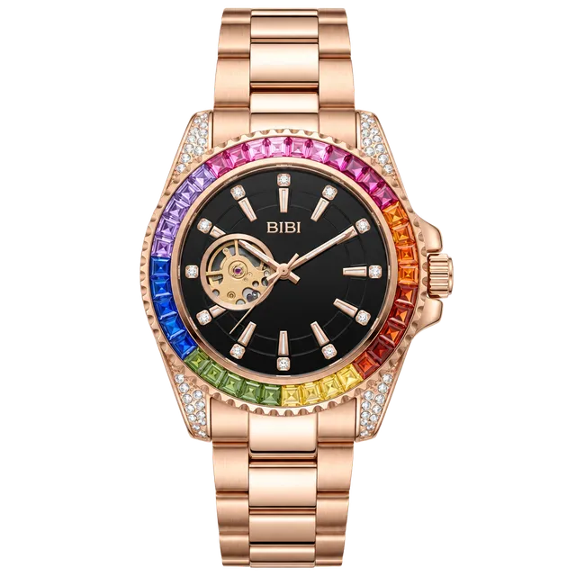 Bibi Rainbow Gem Automatic Mechanical Watch Rose Gold Black Dial