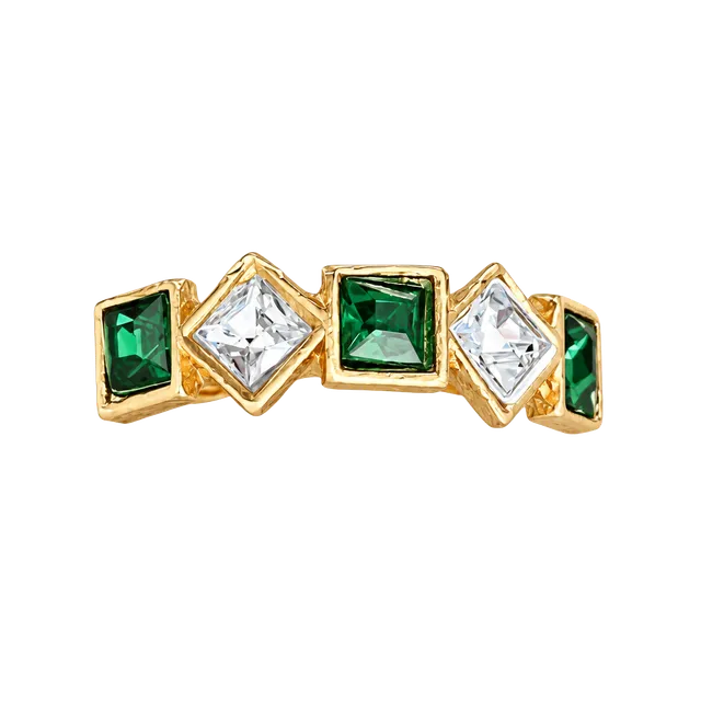 Handcrafted Square Emerald Intricate Detail Gemstones  Statement Band Size 7