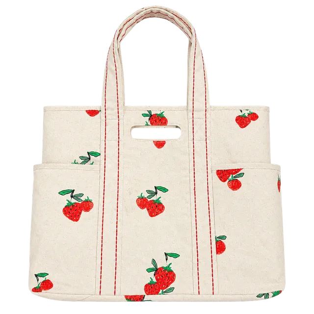 Unbranded Strawberry Print Canvas Tote Bag Multi Pocket Cream