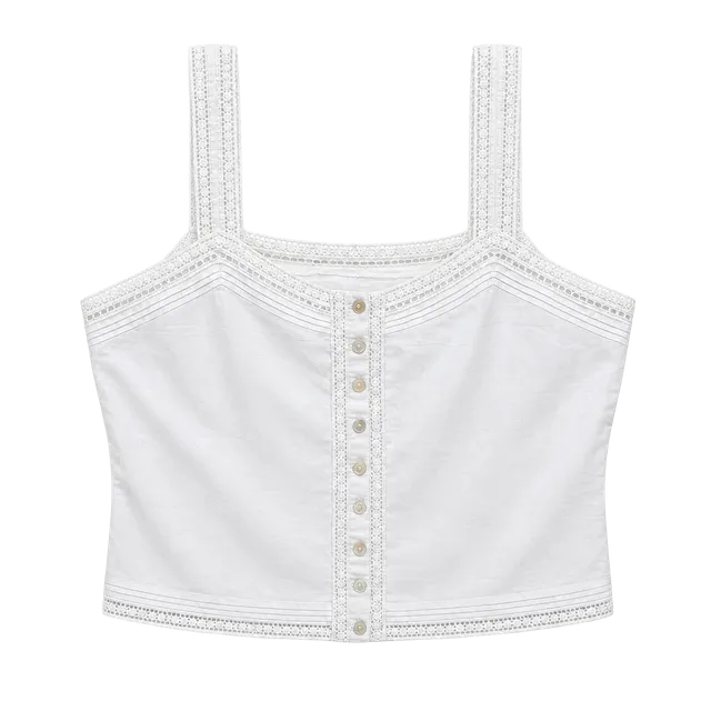 Cabi Button Front Tank Top Size L White Cotton Crochet Trim