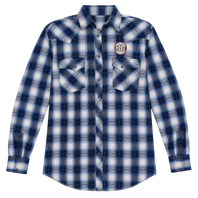 Wrangler Western Shirt LT Blue Plaid Long Sleeve Pearl Snap