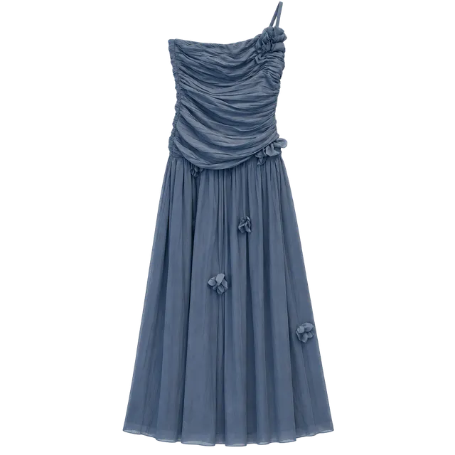 Evening Dress Blue One-Shoulder Ruffled Chiffon Floor Length
