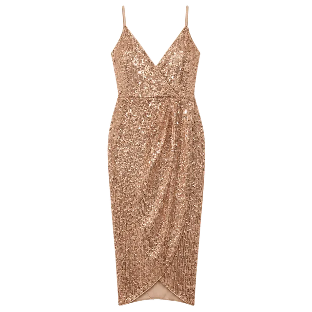 Papaya Sequin Midi Dress Size M Rose Gold V-Neck Spaghetti Strap