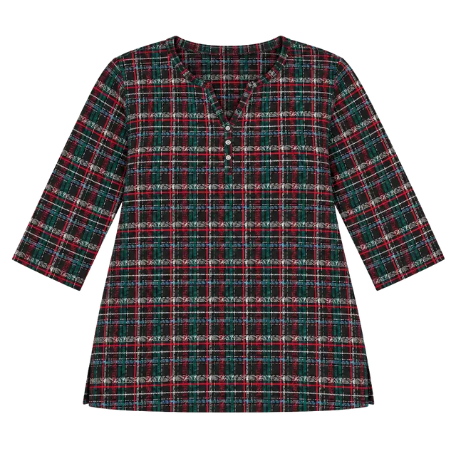 Karen Scott 3X Plaid Henley Top 3/4 Sleeve Cotton Blend NWT Black Multicolor
