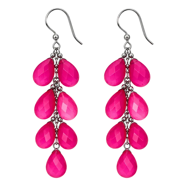 Vintage Handmade Hot Pink Chalcedony Sterling Silver Cascade Teardrop Earrings