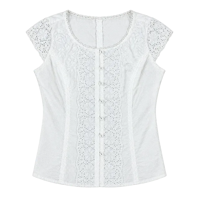 Hermes Lace Crinkle Blouse Size L White Short Sleeve Button Front Top
