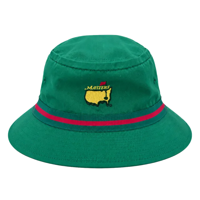 Masters Golf Tournament Bucket Hat Green Red Trim Embroidered Logo