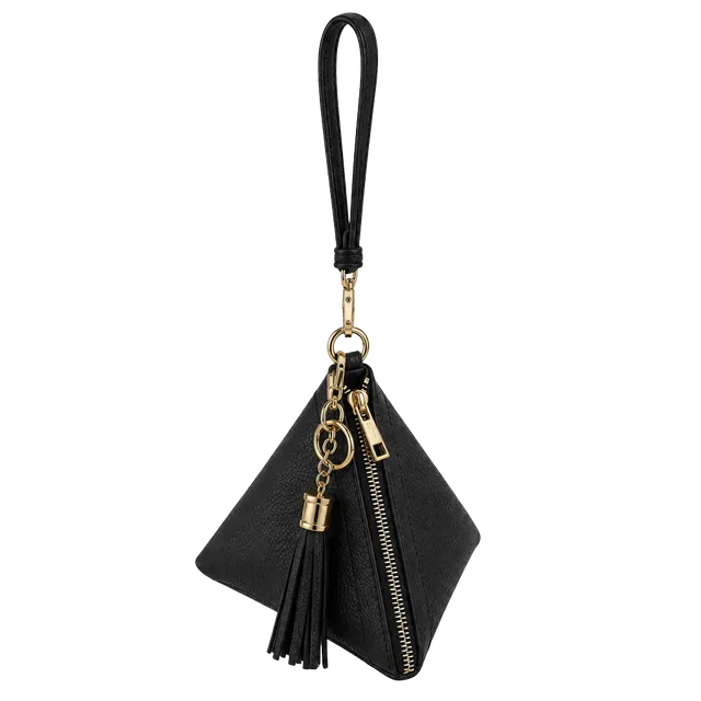 Unbranded Black Faux Leather Triangle Wristlet Pouch with Tassel