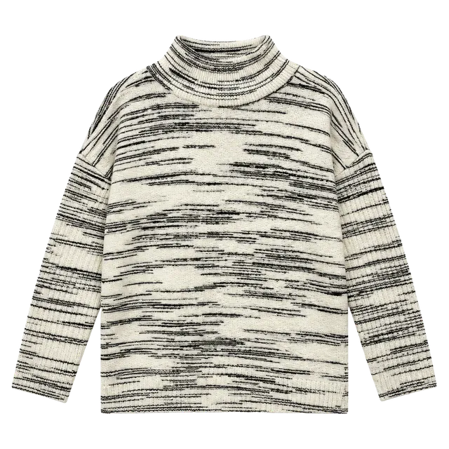 T by Talbots Mock Neck Sweater Size L Black White Space Dye