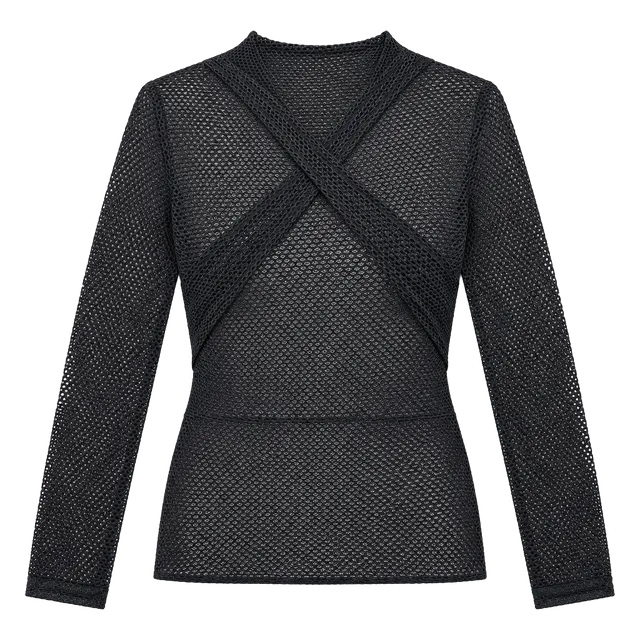 Black Mesh Long Sleeve Mock Neck Top