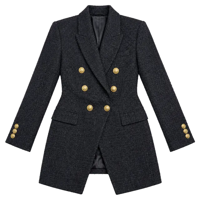 Zara Textured Weave Double Breasted Blazer Size S Black Gold Buttons