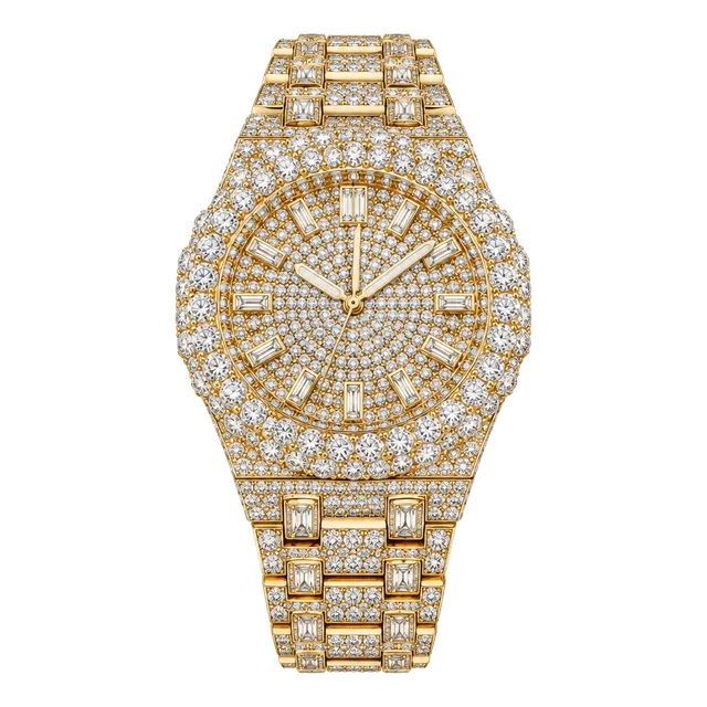 Gold-Tone Iced Out Rhinestone Fashion Watch – Sunburst Bezel 