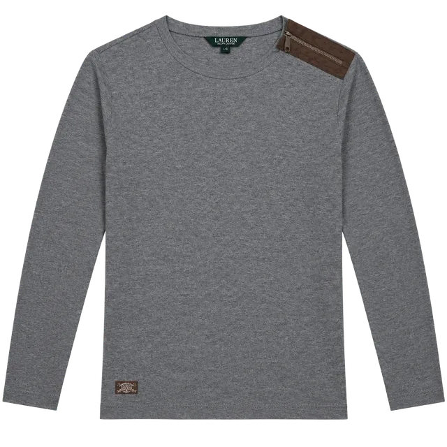 Lauren Ralph Lauren Long Sleeve Top Size L Gray Brown Suede Accents