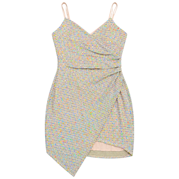 Honey and Rosie Sequin Mesh V-Neck Strappy Midi Bodycon Dress L Beige Multi