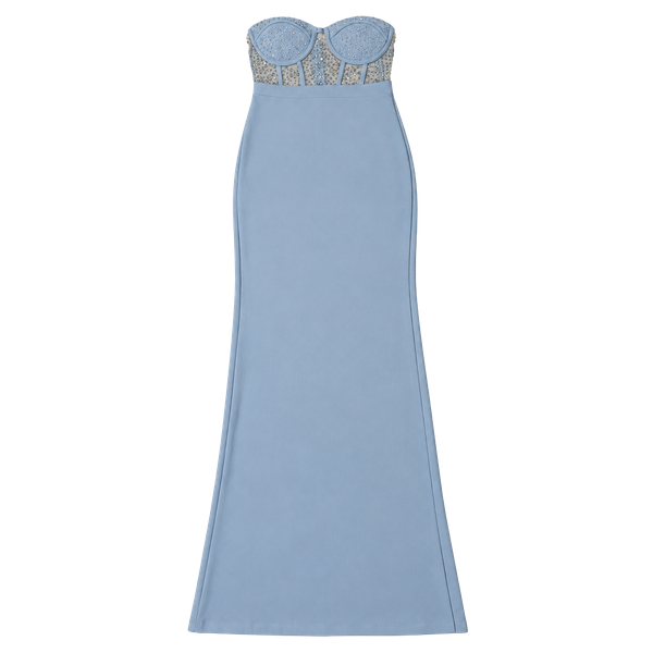 Blue Strapless Sweetheart Mesh Rhinestone Maxi Dress Built-In Bra