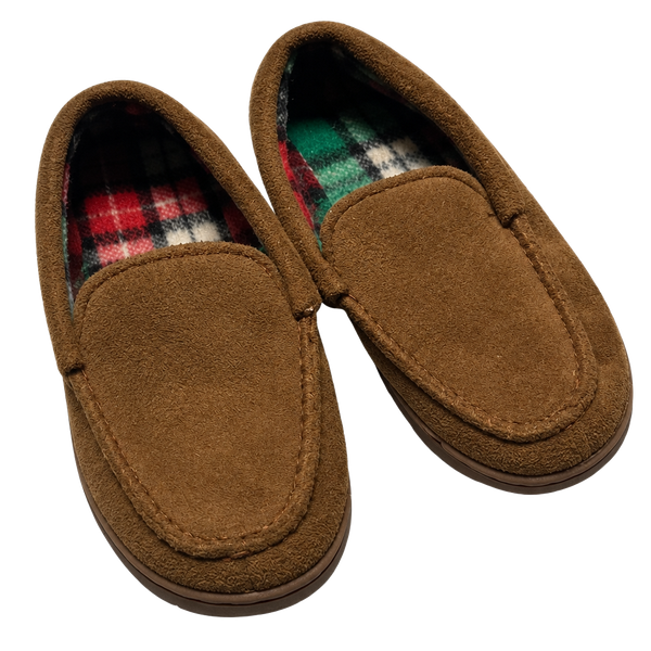 Toddler Brown Moccasin Slippers Size 11/12 Plaid Lining