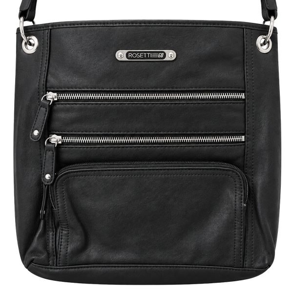 Rosetti Crossbody Bag Black Faux Leather Triple Zippered Pockets