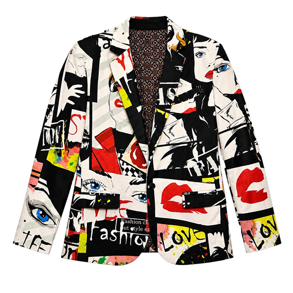 Car&Ffiv Pop Art Comic Face Print Graphic Blazer Jacket Size 38