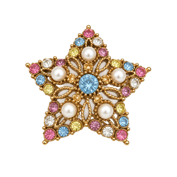 Vintage Multi-Color Rhinestone & Faux Pearl Star Brooch Pin Gold Tone