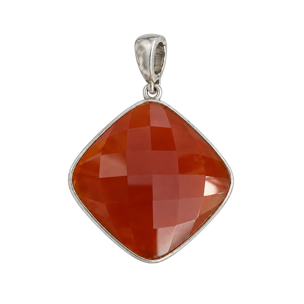 Sterling Silver Red Carnelian Checker Cut Square Pendant