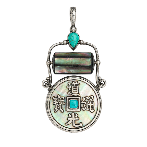 Sajen Sterling Silver Abalone Turquoise Spinning Chinese Coin Pendant