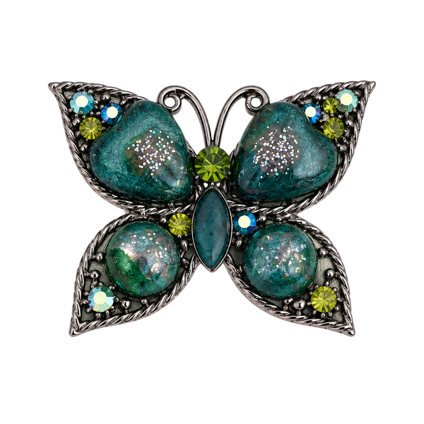 Vintage Butterfly Brooch Green Rhinestone Glitter 2" Dark Metal