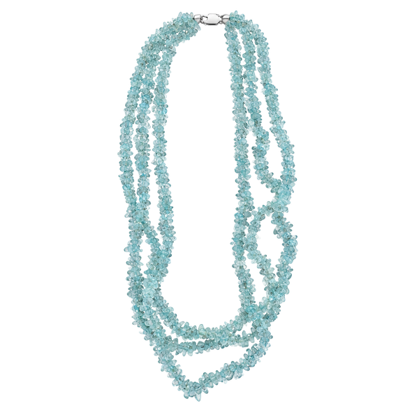 Aquamarine Multi Strand Chip Stone Necklace Blue Gemstone Silver Clasp