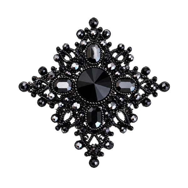 Vintage Black Japanned Rhinestone Filigree Brooch