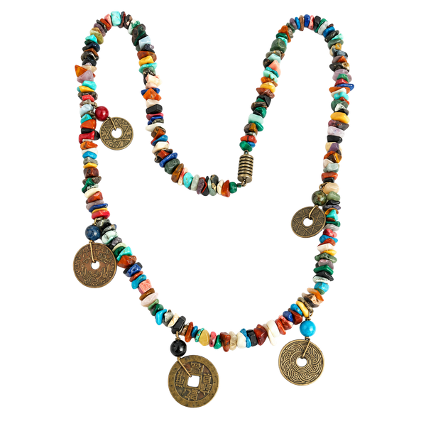 Unbranded Multi-Stone Chip Beaded Charm Necklace with Coin Charms