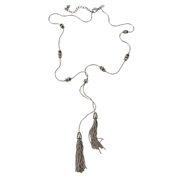 Chico's adjustable gold lariat necklace beads and tassels.