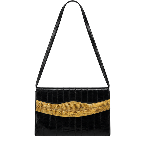 1980 Leather of the Sea Vintage Black & Gold Eel Skin Crossbody Envelope Clutch