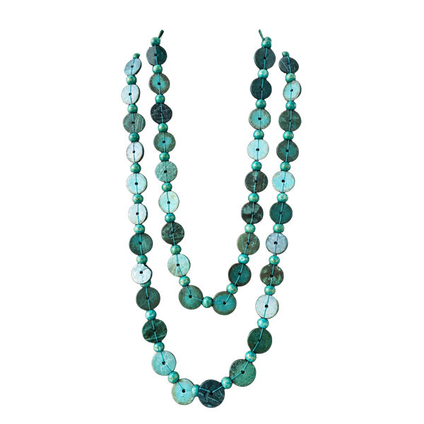 Dyed Coconut Shell Disc Multi Strand Turquoise Necklace Boho Hippie Beach Summer