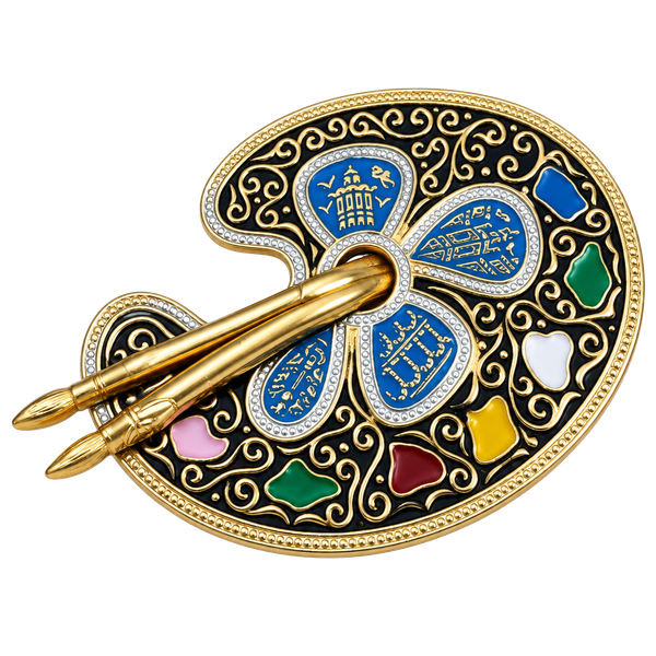 Vintage Gold Paint Palette w/Brushes Brooch Pin Damascene Spain