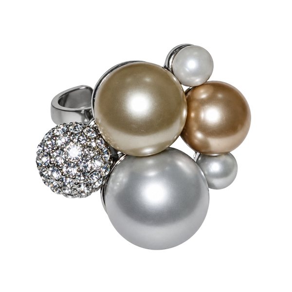Cocktail Ring Adjustable Chunky Cluster Crystal Simulated Pearl Silver Tri Tone