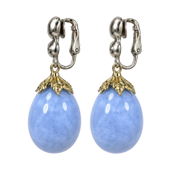 Vintage 12K Gold Filled Blue Chalcedony Agate Stone Drop Clip On Earrings