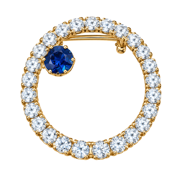 Vintage Rhinestone Circle Brooch Blue Clear Crystal Gold Tone Wreath Pin