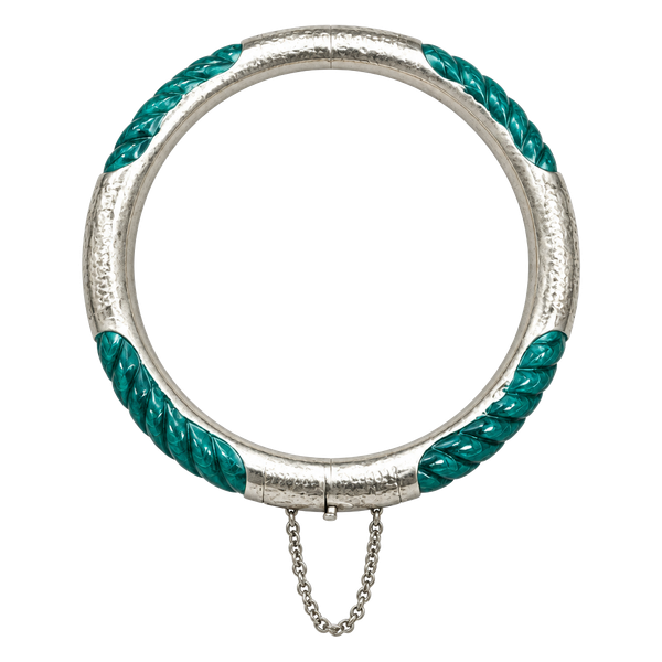 Vintage 925 Sterling Silver Carved Malachite Hinged Bangle Bracelet 30g Rare