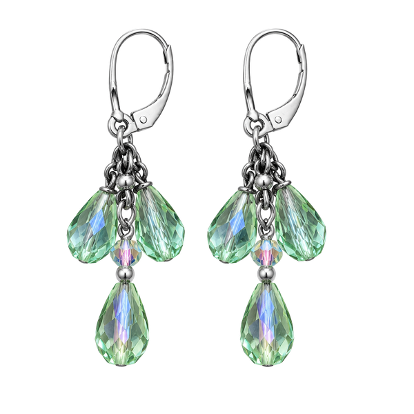 925 Sterling Silver Green AB Crystal Teardrop Dangle Leverback Earrings