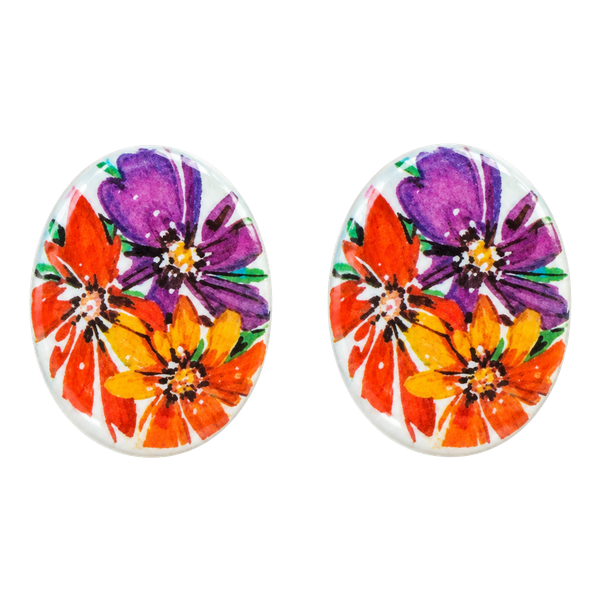 Vintage Oval Grandma Cottage Core Purple Orange flower Clip earrings Spring