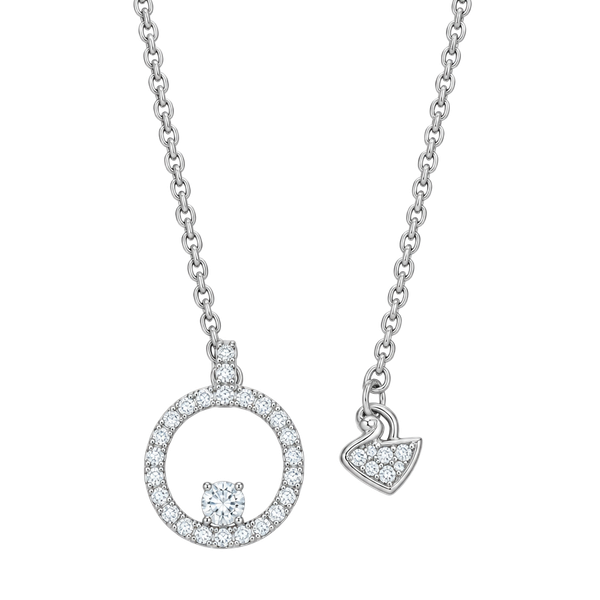 Swarovski Crystal Pave Circle Pendant Necklace Silver Tone Swan Signed 18”