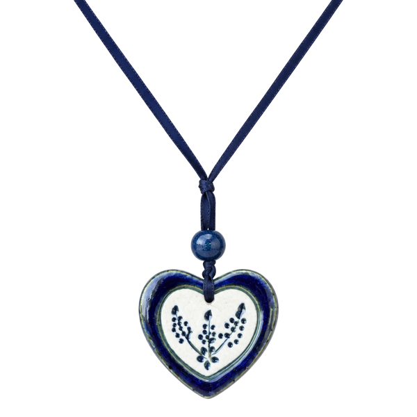 Forget Me Not Floral Hand painted  CeramicHeart Pendant on Navy Blue Satin Cord