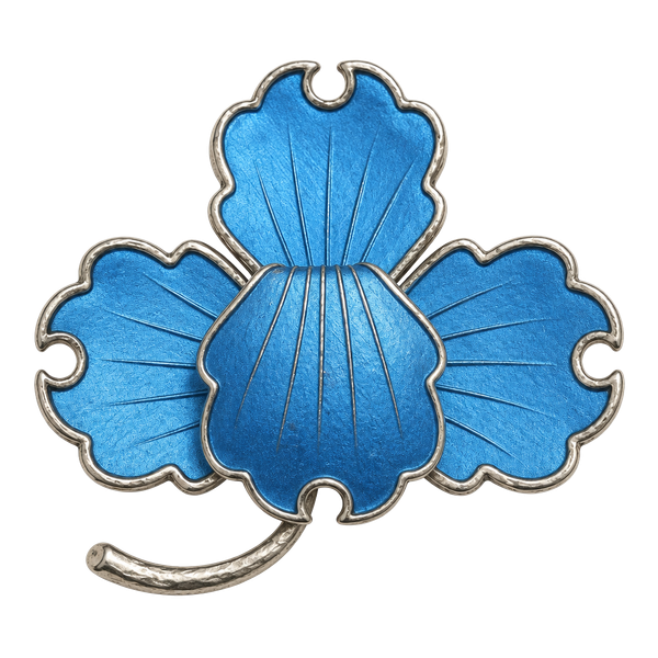 Vintage Satin Blue Enamel Flower Brooch Pin Gold Tone Floral Stem