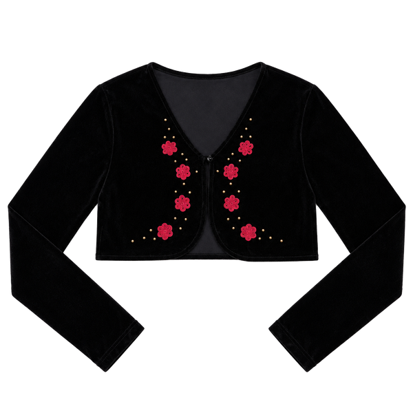 New Legends Velvet Cardigan Size 12 kids Black Floral Applique Crop Shrug